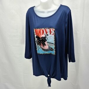 Love Scarlett "Fashion Queen" Graphic Top Navy Blue Ribbed Tie-Front Woman's 1X